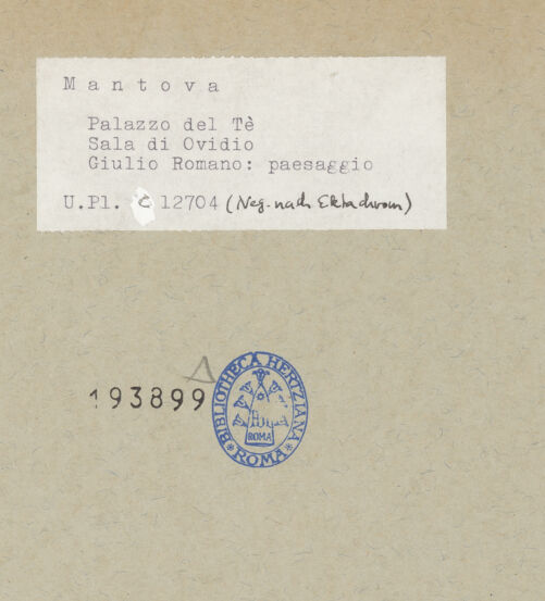 Rückseite von Bibliotheca Hertziana [https://www.deutsche-digitale-bibliothek.de/content/lizenzen/rv-fz/] Fries mit Landschaftsdarstellungen und mythologischen SzenenFünf Landschaftsdarstellungen und eine Ansicht des Palazzo del Tè im BauFlusslandschaft mit Booten, im Hintergrund ein  langgestrecktes Bauwerk - Gesamtansicht, bh193899_recto. Foto.