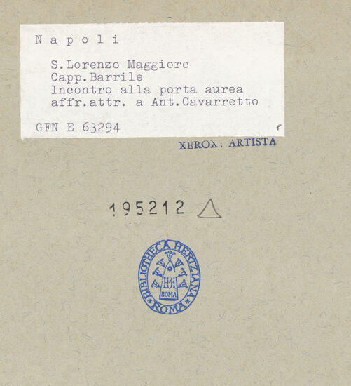 Rückseite von ICCD [https://www.deutsche-digitale-bibliothek.de/content/lizenzen/rv-ez/] Szenen aus dem Leben MariasBegegnung Annas und Joachims an der Goldenen Pforte - Gesamtansicht, bh195212_recto. Foto.