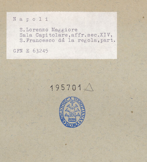 Rückseite von ICCD [https://www.deutsche-digitale-bibliothek.de/content/lizenzen/rv-ez/] Franziskus verteilt die Ordensregel an einige andere Heilige - Hl. Klara und Hl. Elisabeth, bh195701_recto. Foto.