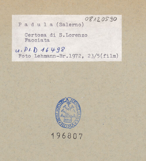 Rückseite von Bibliotheca Hertziana [https://www.deutsche-digitale-bibliothek.de/content/lizenzen/rv-fz/] Certosa di San Lorenzo - Treppe, Detail, bh196807_recto. Foto: Lehmann-Brockhaus, Otto.