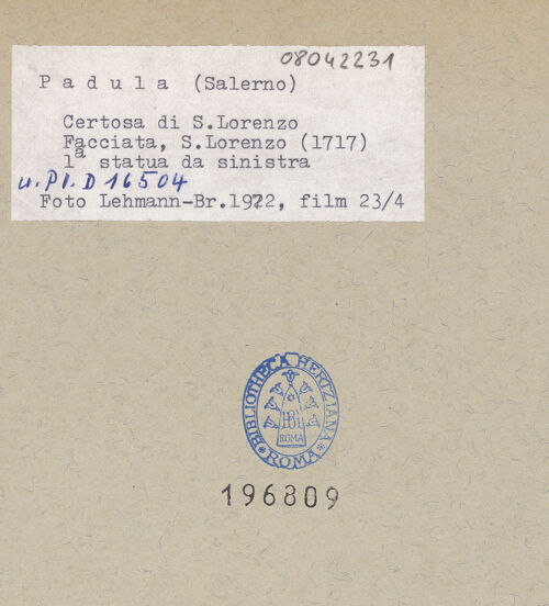 Rückseite von Bibliotheca Hertziana [https://www.deutsche-digitale-bibliothek.de/content/lizenzen/rv-fz/] Heiliger Laurentius - Gesamtansicht, bh196809_recto. Foto: Lehmann-Brockhaus, Otto.