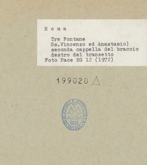 Rückseite von Pace, Valentino [https://www.deutsche-digitale-bibliothek.de/content/lizenzen/rv-fz/] Abbazia delle Tre FontaneSanti Vincenzo ed Anastasio - Zweite Kapelle des rechten Querhausarmes, bh199020_recto. Foto: Pace, Valentino.