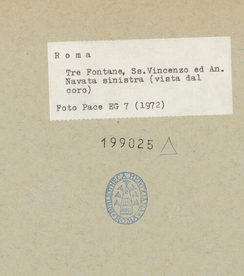 Rückseite von Pace, Valentino [https://www.deutsche-digitale-bibliothek.de/content/lizenzen/rv-fz/] Abbazia delle Tre FontaneSanti Vincenzo ed Anastasio - Linkes Seitenschiff, vom Chor aus, bh199025_recto. Foto: Pace, Valentino.