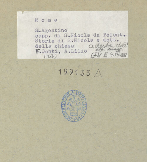 Rückseite von ICCD [https://www.deutsche-digitale-bibliothek.de/content/lizenzen/rv-ez/] Gewölbedekoration mit Szenen aus dem Leben des heiligen Nikolaus von Tolentino - Gesamtansicht, bh199133_recto. Foto.