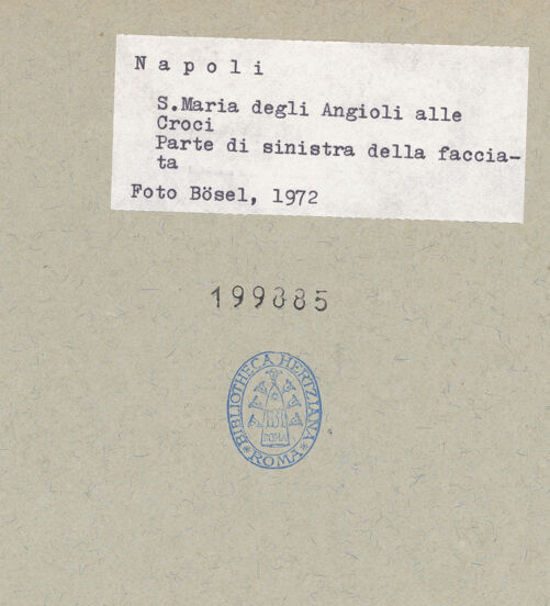 Rückseite von Bösel, Richard [https://www.deutsche-digitale-bibliothek.de/content/lizenzen/rv-fz/] Santa Maria degli Angeli alle CrociHauptfassade - Linke Seite mit dem Campanile, bh199885_recto. Foto: Bösel, Richard.