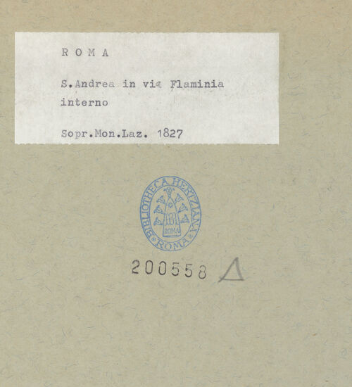 Rückseite von Sopr. Mon. Laz. [https://www.deutsche-digitale-bibliothek.de/content/lizenzen/rv-ez/] Sant'Andrea in Via Flaminia - Blick zur Altarwand, bh200558_recto. Foto.