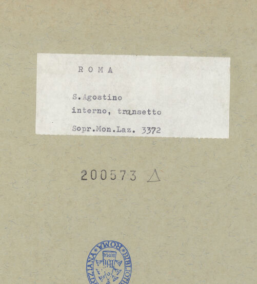 Rückseite von Sopr. Mon. Laz. [https://www.deutsche-digitale-bibliothek.de/content/lizenzen/rv-ez/] Sant'AgostinoRechter östlicher Querschiffarm - Blick vom Mittelschiff, bh200573_recto. Foto.