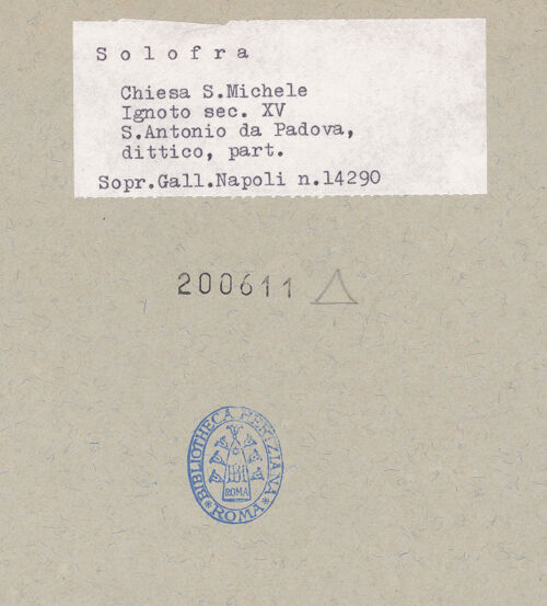 Rückseite von Sopr. BAS NA [https://www.deutsche-digitale-bibliothek.de/content/lizenzen/rv-ez/] Antonius von Padua und Johannes der Evangelist - Detail: Antonius, bh200611_recto. Foto.