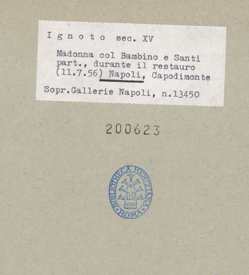 Rückseite von Sopr. BAS NA [https://www.deutsche-digitale-bibliothek.de/content/lizenzen/rv-ez/] Thronende Madonna mit den heiligen Leonhard und Hieronymus? - Detail: Madonna (während der Restaurierung), bh200623_recto. Foto.