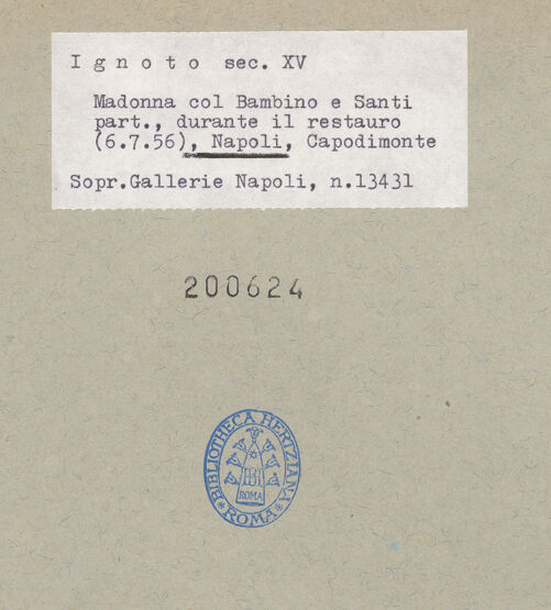 Rückseite von Sopr. BAS NA [https://www.deutsche-digitale-bibliothek.de/content/lizenzen/rv-ez/] Thronende Madonna mit den heiligen Leonhard und Hieronymus? - Detail: Heiliger Leonhard (während der Restaurierung), bh200624_recto. Foto.