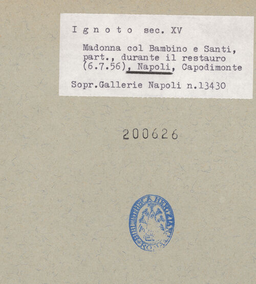 Rückseite von Sopr. BAS NA [https://www.deutsche-digitale-bibliothek.de/content/lizenzen/rv-ez/] Thronende Madonna mit den heiligen Leonhard und Hieronymus? - Detail: Heiliger Hieronymus (während der Restaurierung), bh200626_recto. Foto.