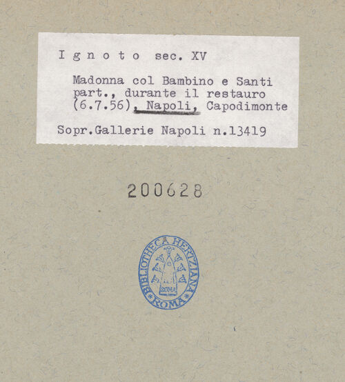 Rückseite von Sopr. BAS NA [https://www.deutsche-digitale-bibliothek.de/content/lizenzen/rv-ez/] Thronende Madonna mit den heiligen Leonhard und Hieronymus? - Detail: Heiliger Hieronymus (während der Restaurierung), bh200628_recto. Foto.