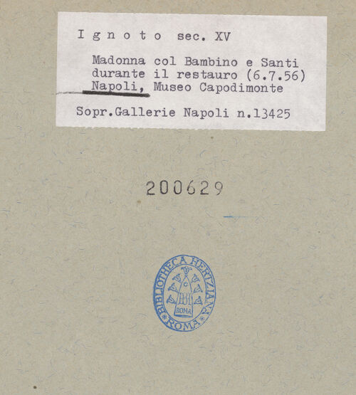 Rückseite von Sopr. BAS NA [https://www.deutsche-digitale-bibliothek.de/content/lizenzen/rv-ez/] Thronende Madonna mit den heiligen Leonhard und Hieronymus? - Gesamtansicht, bh200629_recto. Foto.