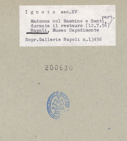 Rückseite von Sopr. BAS NA [https://www.deutsche-digitale-bibliothek.de/content/lizenzen/rv-ez/] Thronende Madonna mit den heiligen Leonhard und Hieronymus? - Detail: Heiliger Hieronymus (während der Restaurierung), bh200630_recto. Foto.