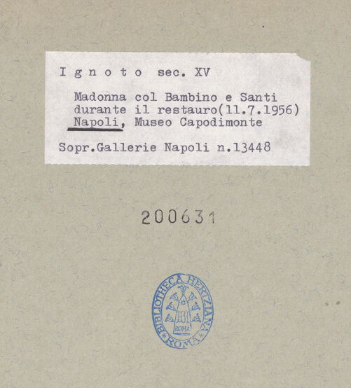 Rückseite von Sopr. BAS NA [https://www.deutsche-digitale-bibliothek.de/content/lizenzen/rv-ez/] Thronende Madonna mit den heiligen Leonhard und Hieronymus? - Gesamtansicht (während der Restaurierung), bh200631_recto. Foto.