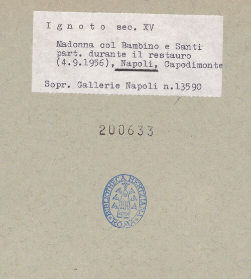 Rückseite von Sopr. BAS NA [https://www.deutsche-digitale-bibliothek.de/content/lizenzen/rv-ez/] Thronende Madonna mit den heiligen Leonhard und Hieronymus? - Detail: Madonna (während der Restaurierung), bh200633_recto. Foto.