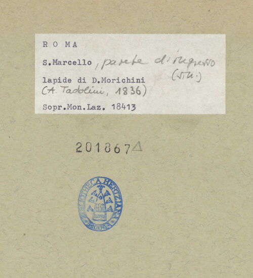 Rückseite von Sopr. Mon. Laz. [https://www.deutsche-digitale-bibliothek.de/content/lizenzen/rv-ez/] Grabmal des Domenico Morichini - , bh201867_recto. Foto.