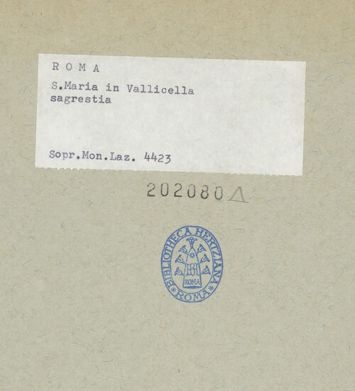 Rückseite von Sopr. Mon. Laz. [https://www.deutsche-digitale-bibliothek.de/content/lizenzen/rv-ez/] Santa Maria in Vallicella - , bh202080_recto. Foto.
