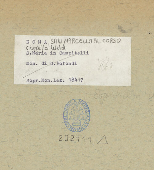 Rückseite von Soprintendenza dei Monumenti del Lazio [https://www.deutsche-digitale-bibliothek.de/content/lizenzen/rv-ez/] San Marcello al CorsoCappella Weld - , bh202111_recto. Foto.