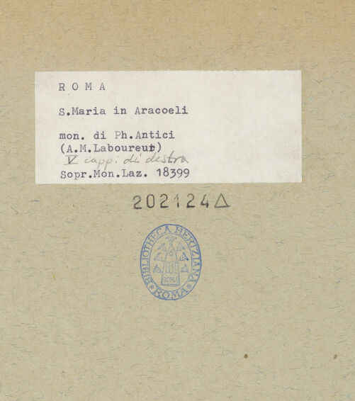 Rückseite von Sopr.Mon.Laz. [https://www.deutsche-digitale-bibliothek.de/content/lizenzen/rv-ez/] Grabmal des Marchese Carlo Teodoro Filippo Antici (gest. 1849) - , bh202124_recto. Foto.