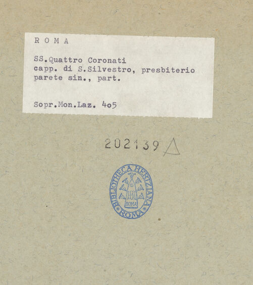 Rückseite von Soprintendenza dei Monumenti del Lazio [https://www.deutsche-digitale-bibliothek.de/content/lizenzen/rv-ez/] SilvesterlegendeFresken im Altarraum - Linke Seitenwand: Martyrium der vier Heiligen (Ausschnitt), bh202139_recto. Foto.