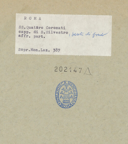 Rückseite von Soprintendenza dei Monumenti del Lazio [https://www.deutsche-digitale-bibliothek.de/content/lizenzen/rv-ez/] SilvesterlegendePetrus und Paulus erscheinen dem heiligen Konstantin im Krankenlager - Ausschnitt: Konstantin und Diener, bh202147_recto. Foto.