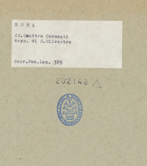 Rückseite von Soprintendenza dei Monumenti del Lazio [https://www.deutsche-digitale-bibliothek.de/content/lizenzen/rv-ez/] Santi Quattro CoronatiInneresOratorio di San Silvestro - Blick in Richtung Eingangs- und Nordwand, bh202148_recto. Foto.