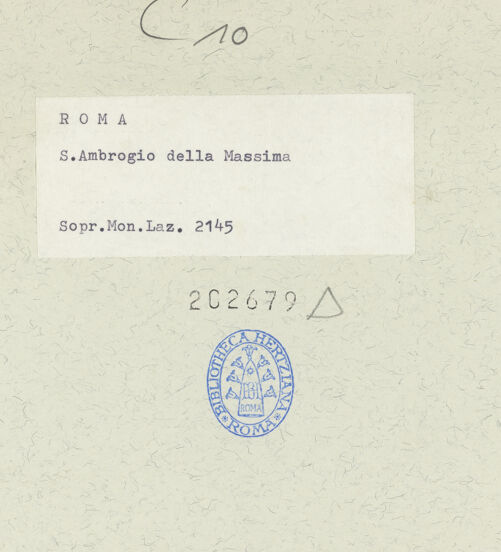 Rückseite von Sopr. Mon. Laz. [https://www.deutsche-digitale-bibliothek.de/content/lizenzen/rv-ez/] Sant'Ambrogio della Massima - Langhaus, Vierung und Chor, bh202679_recto. Foto.