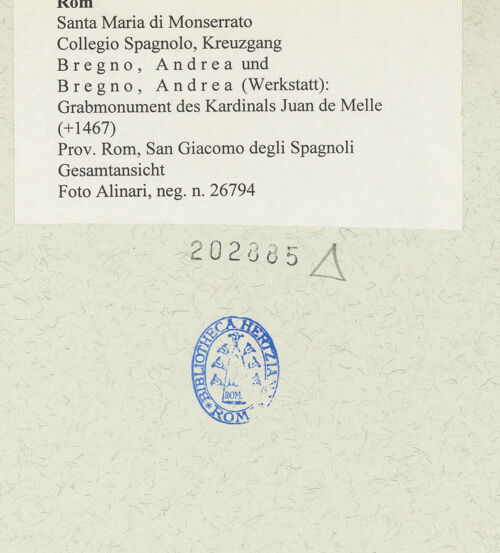 Rückseite von Alinari [https://rightsstatements.org/page/CNE/1.0/] Grabmonument des Kardinals Juan de Melle (+1467) - Gesamtansicht, bh202885_recto. Foto.