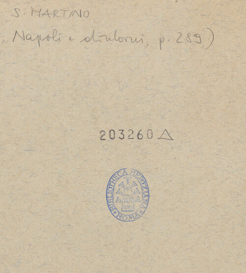 Rückseite von Bibliotheca Hertziana [https://www.deutsche-digitale-bibliothek.de/content/lizenzen/rv-ez/] Verschiedene Grundrisse der Certosa di San Martino, Neapel - Grundriss der Anlage, bh203260_recto. Foto.