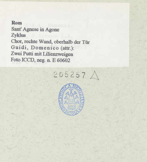 Rückseite von ICCD [https://www.deutsche-digitale-bibliothek.de/content/lizenzen/rv-ez/] Zwei Putti mit Lilienzweigen - , bh205257_recto. Foto.