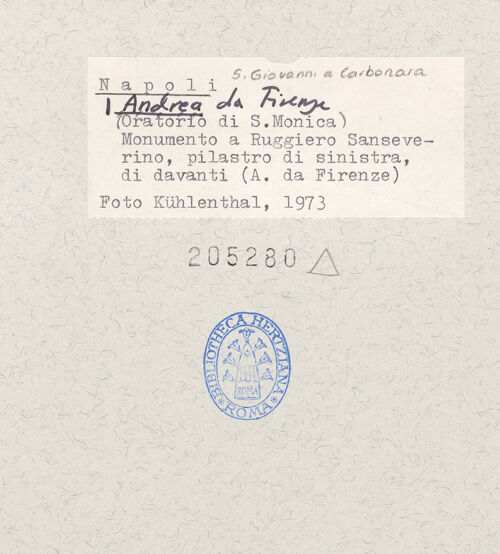 Rückseite von Kühlenthal, Michael [https://www.deutsche-digitale-bibliothek.de/content/lizenzen/rv-ez/] Grabmal des Ruggiero Sanseverino (gest. 1433)Christi Himmelfahrt, Verkündigung, Apostel - Petrus, bh205280_recto. Foto: Kühlenthal, Michael.