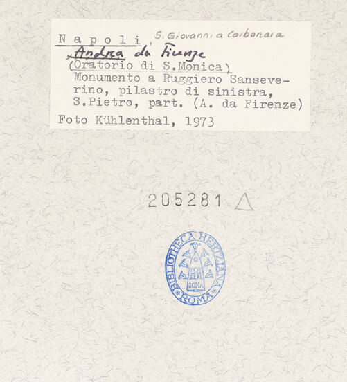 Rückseite von Kühlenthal, Michael [https://www.deutsche-digitale-bibliothek.de/content/lizenzen/rv-ez/] Grabmal des Ruggiero Sanseverino (gest. 1433)Christi Himmelfahrt, Verkündigung, Apostel - Petrus, Kopf, bh205281_recto. Foto: Kühlenthal, Michael.