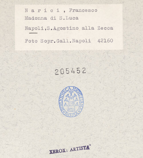 Rückseite von Sopr. BAS NA [https://www.deutsche-digitale-bibliothek.de/content/lizenzen/rv-ez/] Der heilige Lukas malt die Madonna - Gesamtansicht, bh205452_recto. Foto.