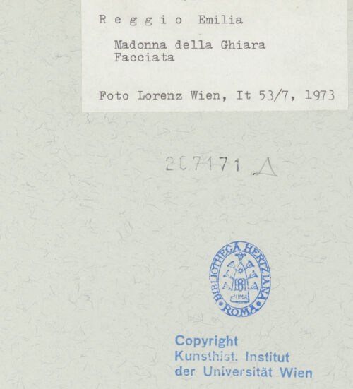 Rückseite von Kunsthistorisches Institut der Universität Wien [https://www.deutsche-digitale-bibliothek.de/content/lizenzen/rv-ez/] Madonna della GhiaraHauptfassade zum Corso Giuseppe Garibaldi / Ostfassade - Detail: rechtes Nebenportal, bh207171_recto. Foto: Lorenz, Wien.