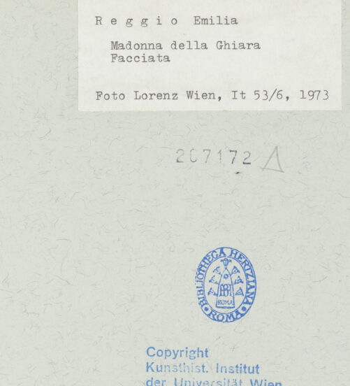Rückseite von Kunsthistorisches Institut der Universität Wien [https://www.deutsche-digitale-bibliothek.de/content/lizenzen/rv-ez/] Madonna della GhiaraHauptfassade zum Corso Giuseppe Garibaldi / Ostfassade - , bh207172_recto. Foto: Lorenz, Wien.