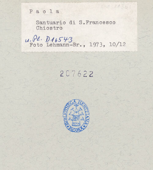 Rückseite von Bibliotheca Hertziana [https://www.deutsche-digitale-bibliothek.de/content/lizenzen/rv-fz/] San FrancescoChiostro - Kreuzgang, bh207622_recto. Foto: Lehmann-Brockhaus, Otto.