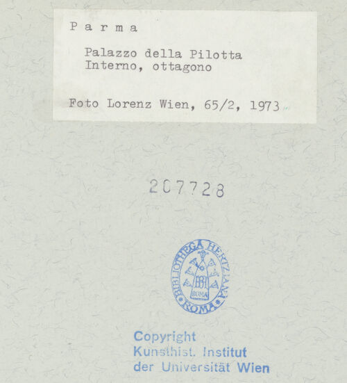 Rückseite von Kunsthistorisches Institut der Universität Wien [https://www.deutsche-digitale-bibliothek.de/content/lizenzen/rv-ez/] Palazzo della PilottaTreppenhaus mit dreiläufiger Ehrentreppe - Wandaufriß der Kuppelzone, bh207728_recto. Foto: Lorenz, Wien.