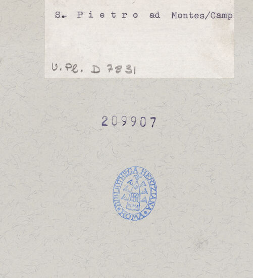 Rückseite von Bibliotheca Hertziana [https://www.deutsche-digitale-bibliothek.de/content/lizenzen/rv-fz/] San Pietro ad Montes - Mittelschiff, Nordwand und Nordarkade, Detail, bh209907_recto. Foto.