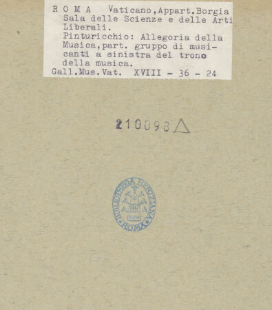 Rückseite von Musei Vaticani [https://www.deutsche-digitale-bibliothek.de/content/lizenzen/rv-ez/] Wand- und Deckendekoration der Sala delle Scienze e delle Arti LiberaliPersonifikation der Musik - Detail, bh210098_recto. Foto.