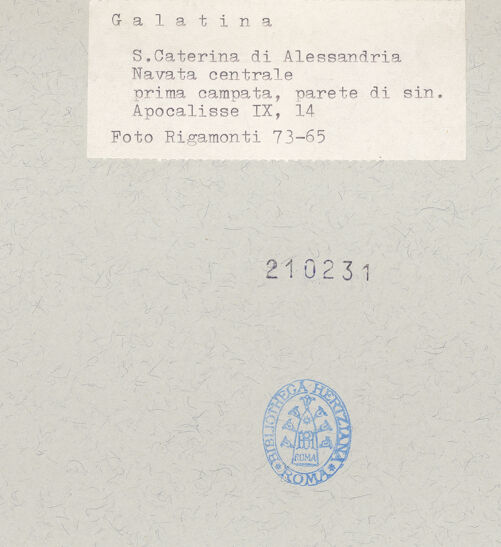 Rückseite von Bibliotheca Hertziana [https://www.deutsche-digitale-bibliothek.de/content/lizenzen/rv-fz/] Zyklus der Apokalypse; HeiligenNordwand: Apokalypse-Zyklus und HeiligenZweites Register: der sechste der sieben Engel stößt in die Tompete und die vier Todesengel werden losgelassen (9, 14); Die teuflischen Reiter (9, 16) - Der sechste der sieben Engel stößt in die Tompete und die vier Todesengel werden losgelassen, bh210231_recto. Foto: Rigamonti.