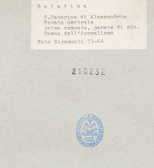 Rückseite von Bibliotheca Hertziana [https://www.deutsche-digitale-bibliothek.de/content/lizenzen/rv-fz/] Zyklus der Apokalypse; HeiligenNordwand: Apokalypse-Zyklus und HeiligenZweites Register: der sechste der sieben Engel stößt in die Tompete und die vier Todesengel werden losgelassen (9, 14); Die teuflischen Reiter (9, 16) - Die teuflischen Reiter, bh210232_recto. Foto: Rigamonti.