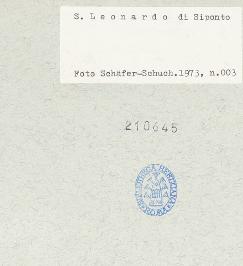 Rückseite von Schäfer-Schuchardt, Horst [https://www.deutsche-digitale-bibliothek.de/content/lizenzen/rv-ez/] San Leonardo di SipontoAußenbauOstbau und Apsiden - Ansicht von Osten, bh210645_recto. Foto: Schäfer-Schuchardt, Horst.