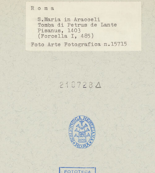 Rückseite von Arte Fotografica [https://www.deutsche-digitale-bibliothek.de/content/lizenzen/rv-ez/] Grabplatte des Petrus de Lante Pisanus (gest. 1403) - , bh210728_recto. Foto.