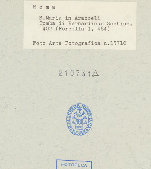 Rückseite von Arte Fotografica [https://www.deutsche-digitale-bibliothek.de/content/lizenzen/rv-ez/] Grabplatte des Bernardinus Sachius (gest. 1402) - , bh210731_recto. Foto.
