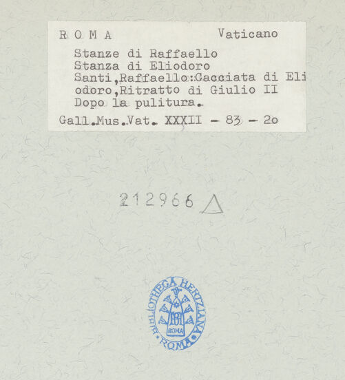Rückseite von Musei Vaticani [https://www.deutsche-digitale-bibliothek.de/content/lizenzen/rv-ez/] Malerische AusstattungVertreibung des Heliodor - Detail: Papst Julius II. auf der Sedia gestatoria und Träger (Raffael und Marcantonio Raimondi?), bh212966_recto. Foto.