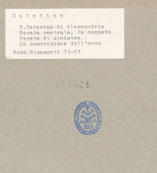 Rückseite von Bibliotheca Hertziana [https://www.deutsche-digitale-bibliothek.de/content/lizenzen/rv-fz/] Zyklus der Sakramente und des Alten TestamentsNordwand: Genesis-Zyklus und HeiligenDrittes Register: Gott befiehlt Noah, eine Arche zu bauen; Noah baut mit Hilfe seiner Söhne die Arche; Gott verschließt die Arche; die Sintflut und der Untergang der Menschheit - Gott befiehlt Noah, eine Arche zu bauen; Noah baut mit Hilfe seiner Söhne die Arche, bh213426_recto. Foto: Rigamonti.