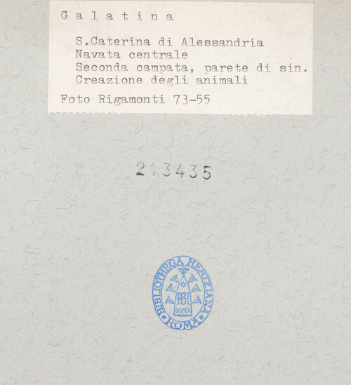 Rückseite von Bibliotheca Hertziana [https://www.deutsche-digitale-bibliothek.de/content/lizenzen/rv-fz/] Zyklus der Sakramente und des Alten TestamentsNordwand: Genesis-Zyklus und HeiligenErstes Register: Erschaffung von Sonne und Mond; Erschaffung der Tiere. Fenster: Maria und Engel - Erschaffung der Tiere, bh213435_recto. Foto: Rigamonti.