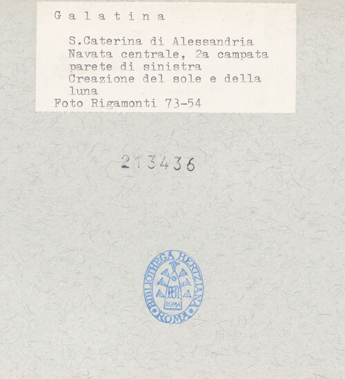 Rückseite von Bibliotheca Hertziana [https://www.deutsche-digitale-bibliothek.de/content/lizenzen/rv-fz/] Zyklus der Sakramente und des Alten TestamentsNordwand: Genesis-Zyklus und HeiligenErstes Register: Erschaffung von Sonne und Mond; Erschaffung der Tiere. Fenster: Maria und Engel - Erschaffung von Sonne und Mond, bh213436_recto. Foto: Rigamonti.