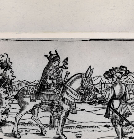 Rückseite von Warburg Institute? [http://creativecommons.org/publicdomain/mark/1.0/] Mann mit Krone auf Esel vor einem Landsknecht (Satire?) - , bh215222. Foto.